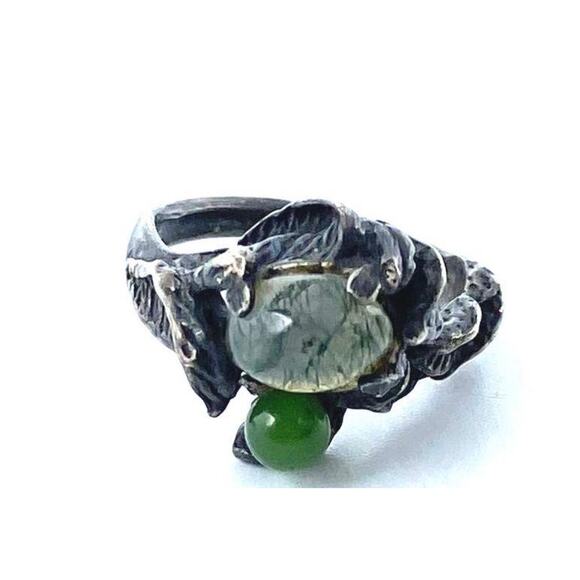 VINTAGE Moss Agate 925 Sterling Silver Artisan Brutalist Ring Sz. 5.25 Gemstone - Picture 1 of 14